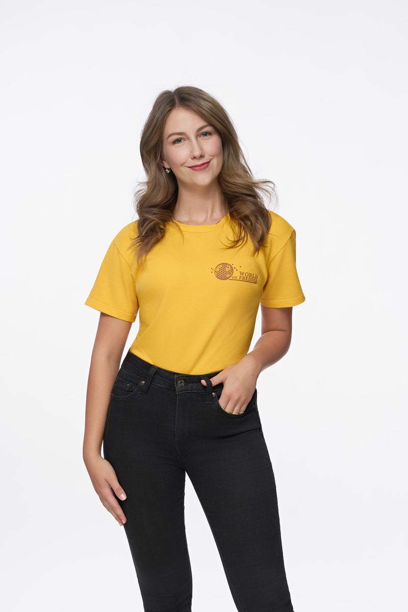Woman wearing the Signature Yellow T-Shirt, front view