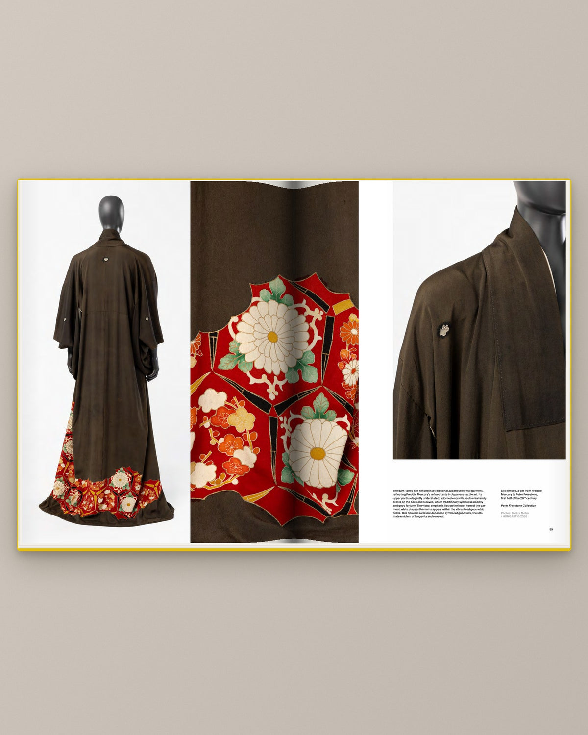Spread from Freddie — Beyond the Curtain showing Freddie Mercury’s silk kimono from the Peter Freestone Collection