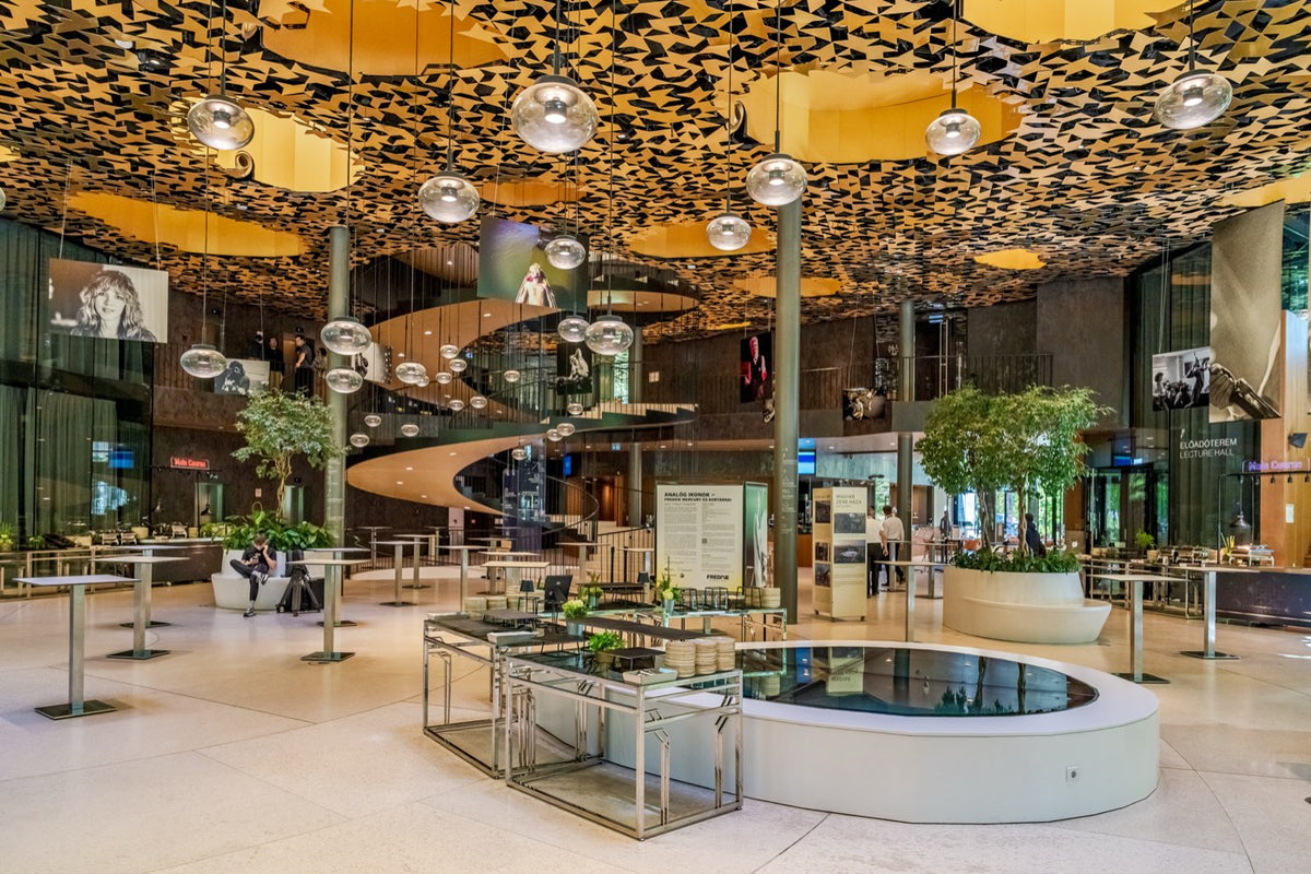 Interior atrium of House of Music Hungary with the spiral staircase
