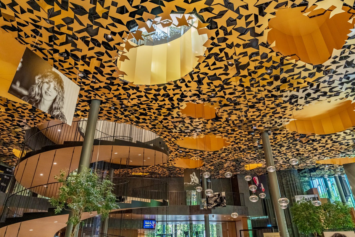 The golden canopy ceiling of House of Music Hungary from inside