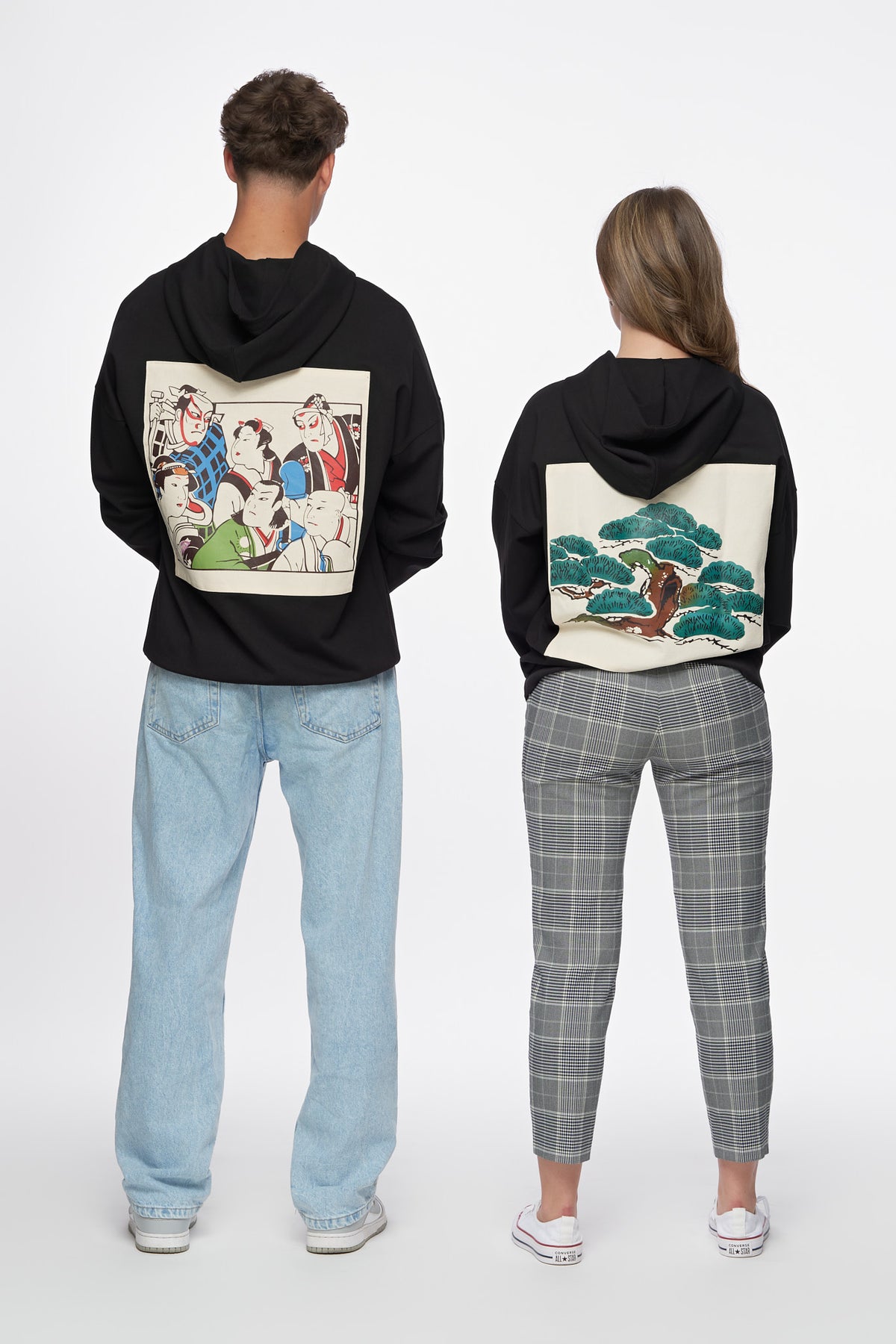 Tree Edition Hoodie and Japanese Hoodie side by side, back view